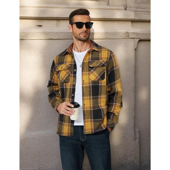 Coofandy Men Black Yellow Flannel Plaid Button Down Jacket Shirt with Pockets - Picture 4 of 5